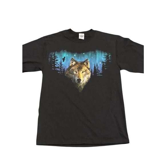 Vintage 90s Delta Magnum Weight Wolf Northern Lights Graphic Long Sleeve Tee Med - Picture 3 of 7